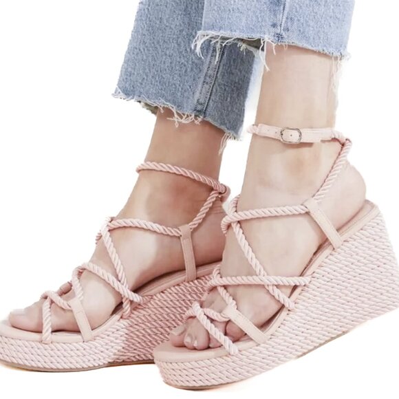 Guess Natesha Rope Espadrille Wedges Petal Pastel Pink Size 7.5 - NWT and IOB - Picture 1 of 4